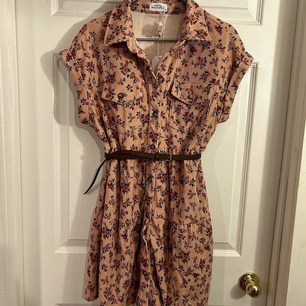 tan floral corduroy tiered dress